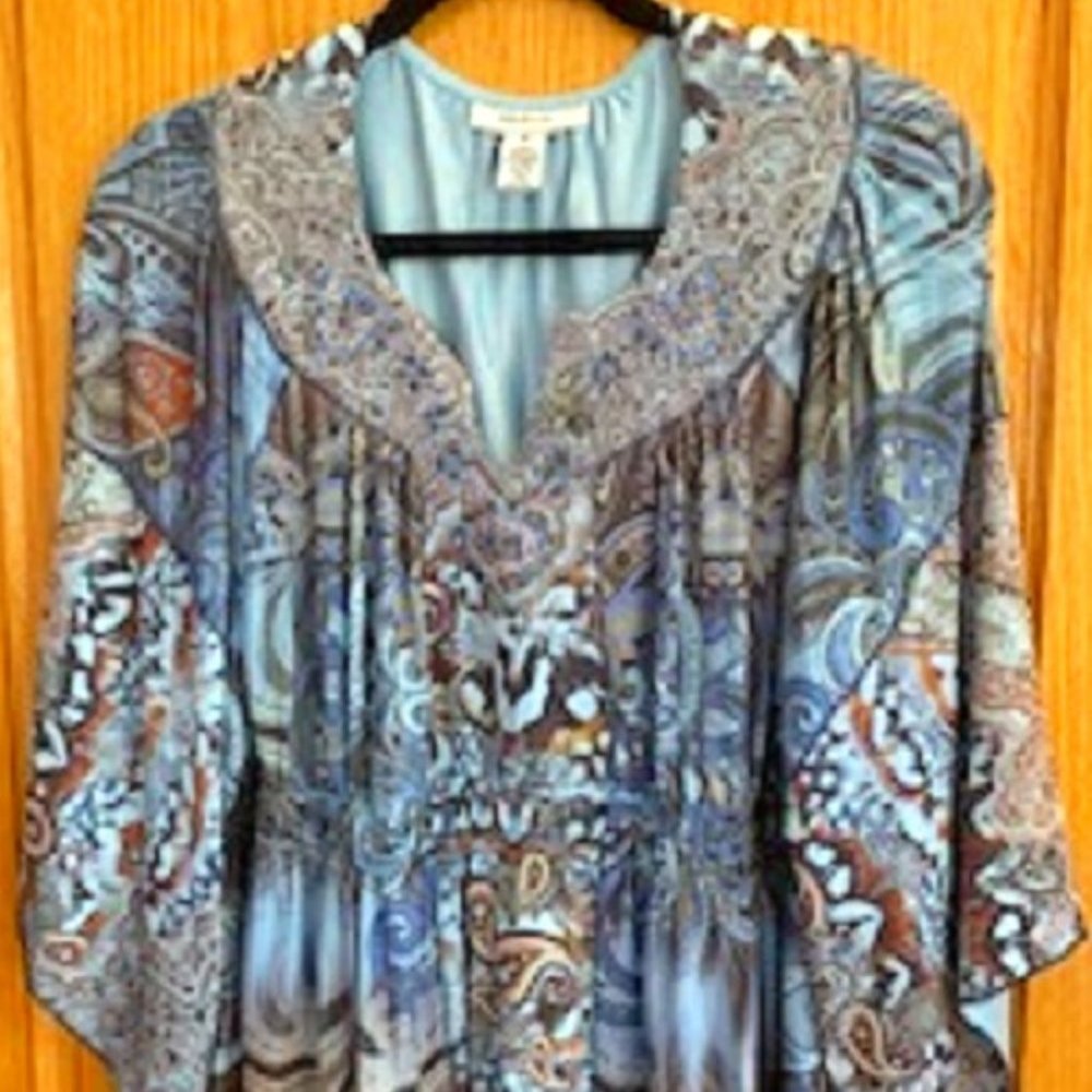 Style & Co. Blue Tunic /Shirt Top Rhinestone Embellished Caftan Sleeved Sz: M